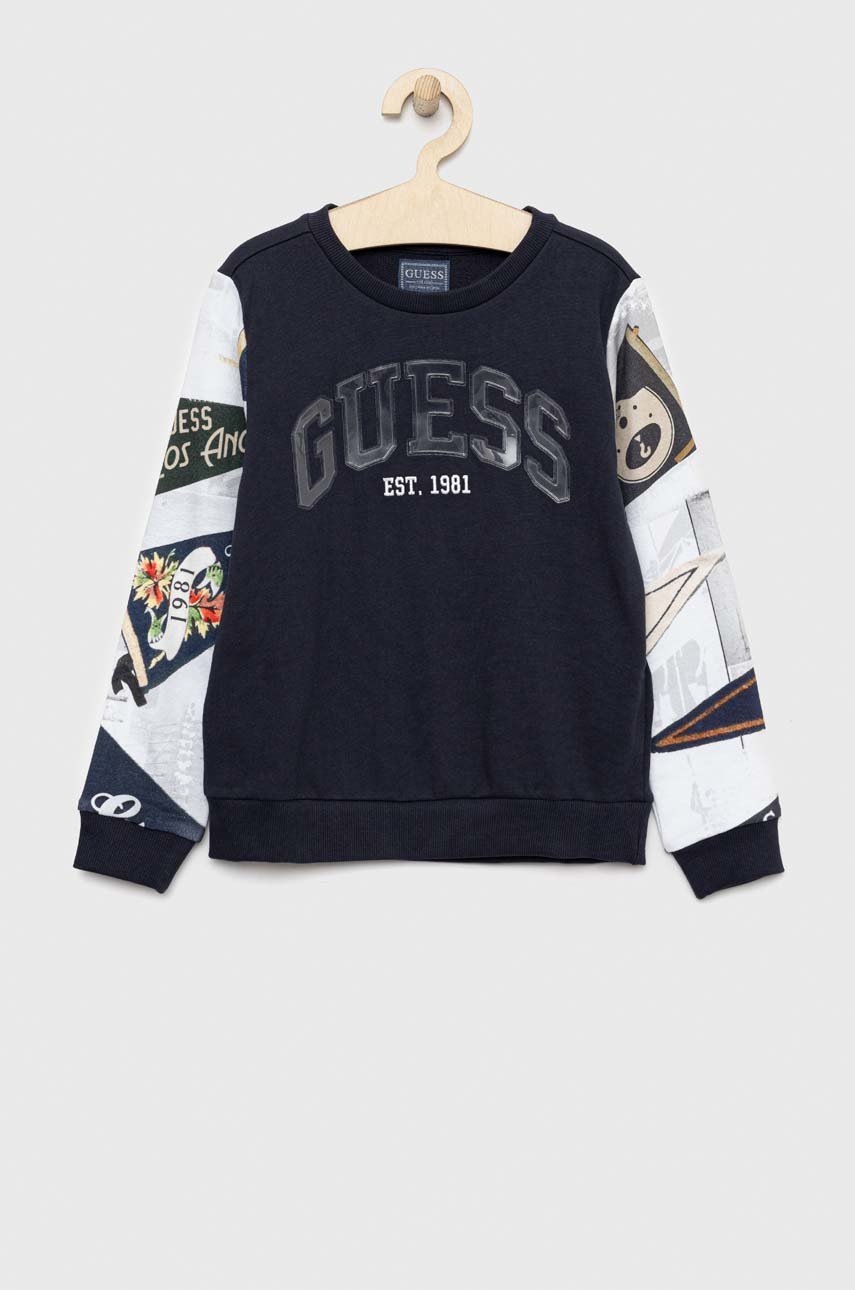 

Детски памучен суичър Guess в тъмносиньо с десен, Тъмносин