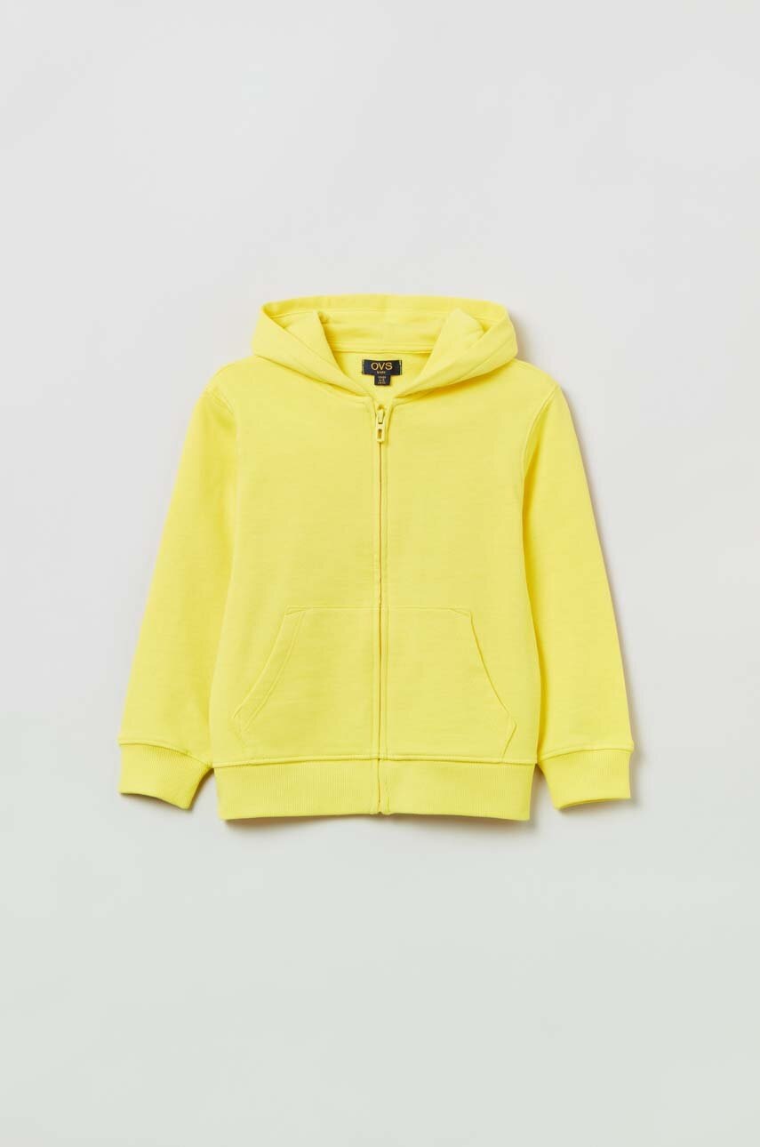 Дитяча бавовняна кофта OVS колір жовтий з капюшоном однотонна