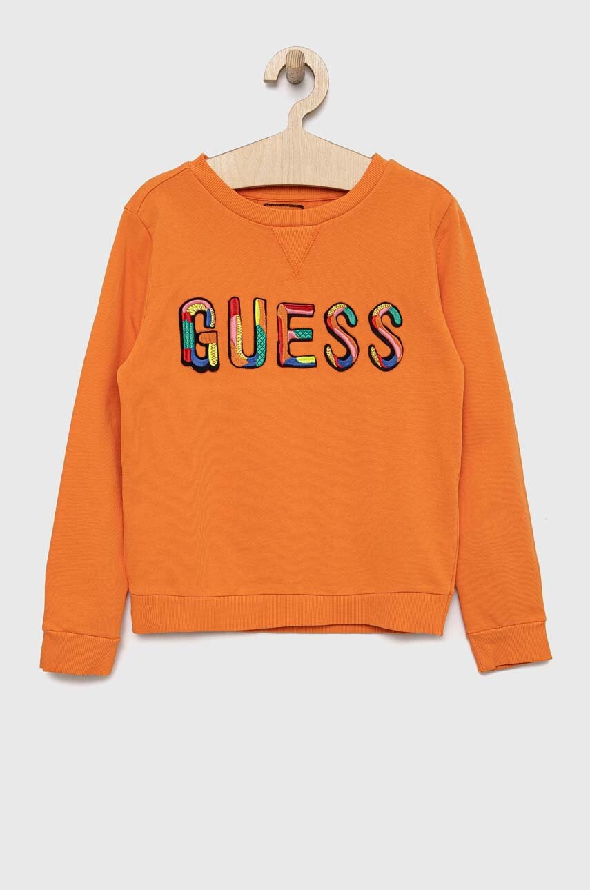 

Детская хлопковая кофта Guess цвет оранжевый с аппликацией