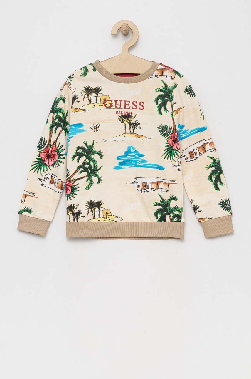 

Детски памучен суичър Guess в бежово с десен, Бежов
