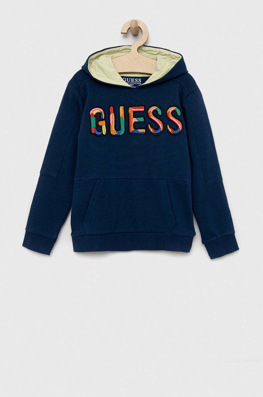 Dětská bavlněná mikina Guess s kapucí, s aplikací - modrá -  100 % Bavlna