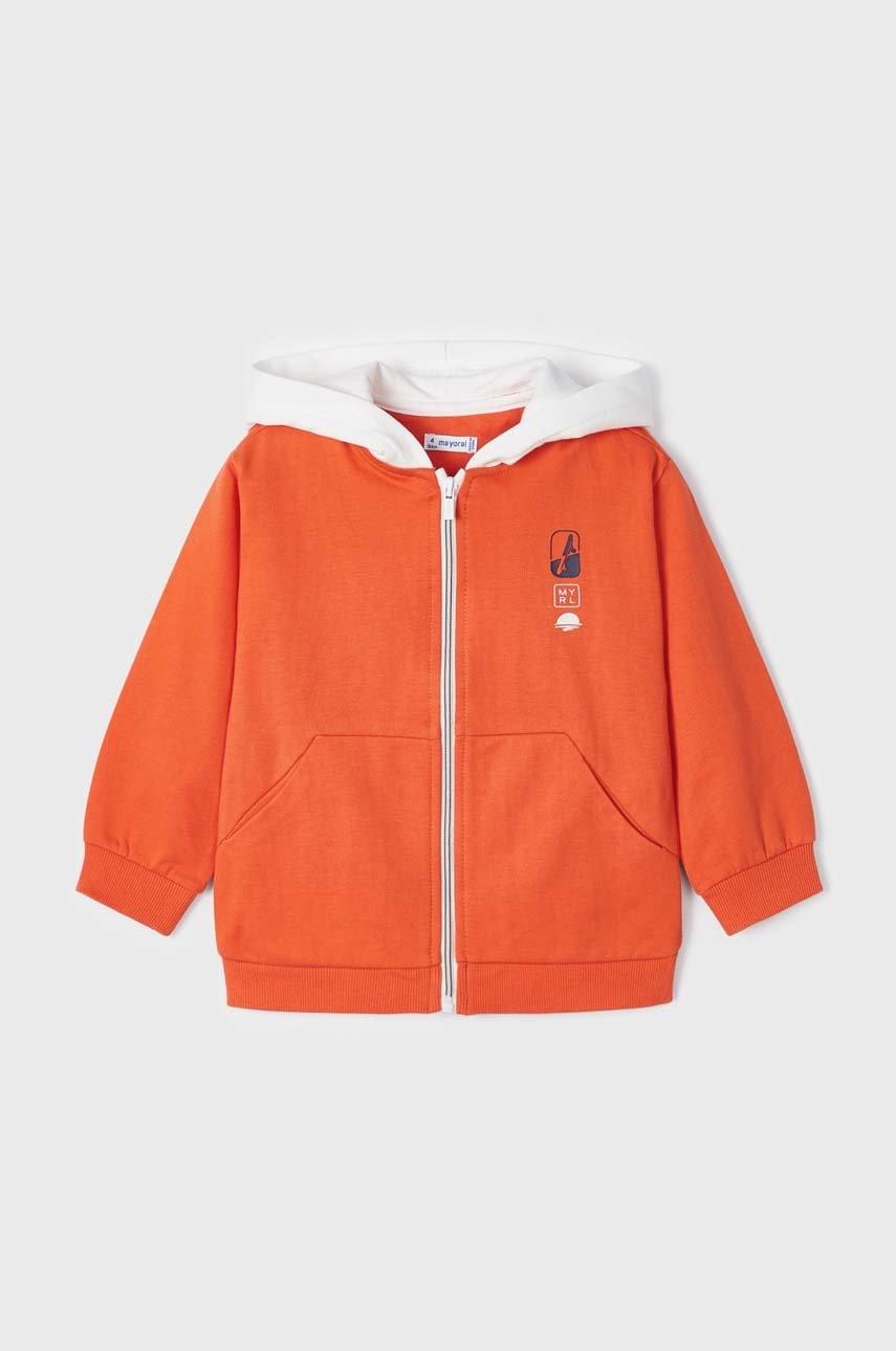 Детская кофта Mayoral цвет оранжевый с капюшоном с принтом