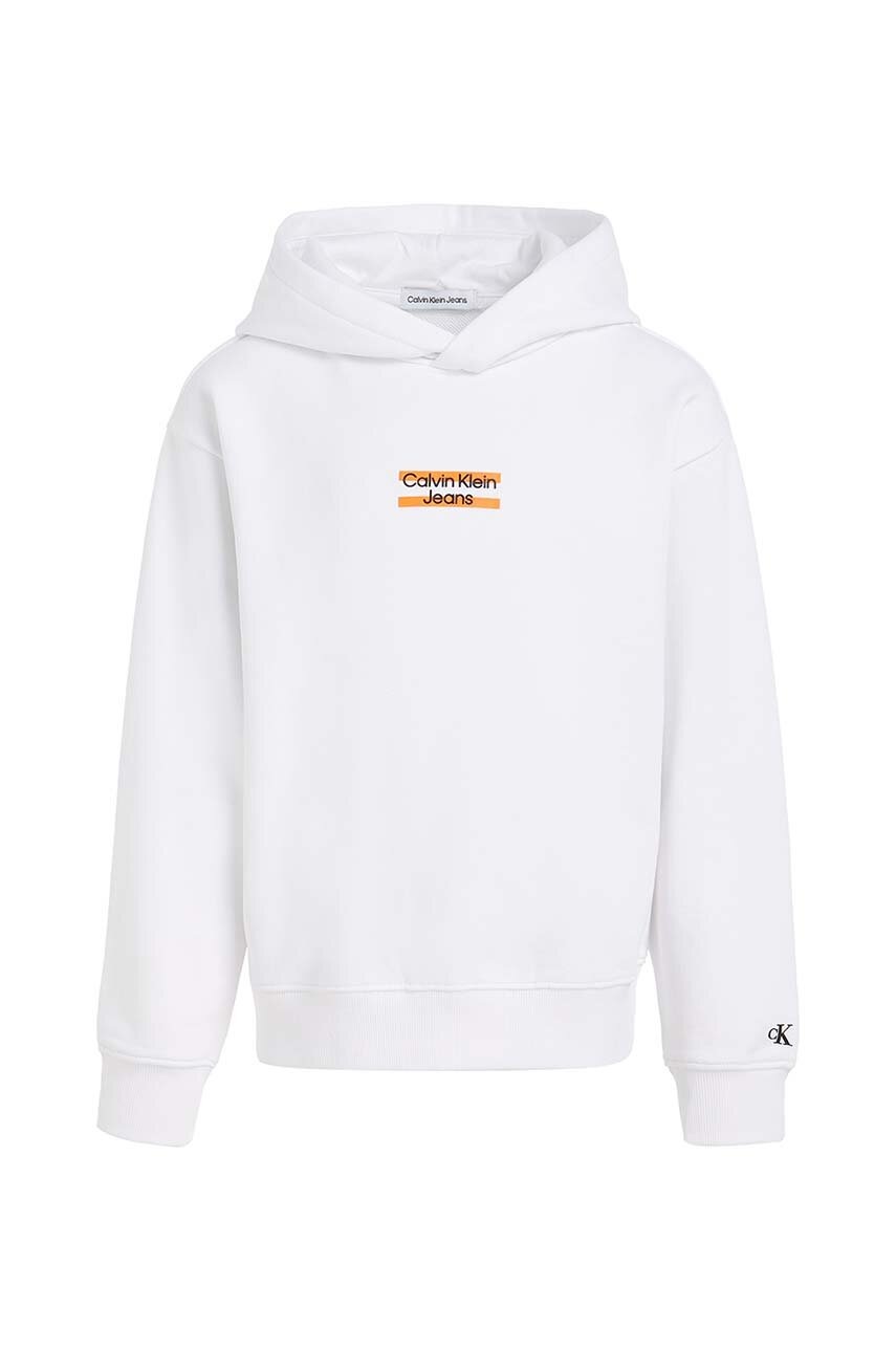 Детская хлопковая кофта Calvin Klein Jeans цвет белый с капюшоном с принтом