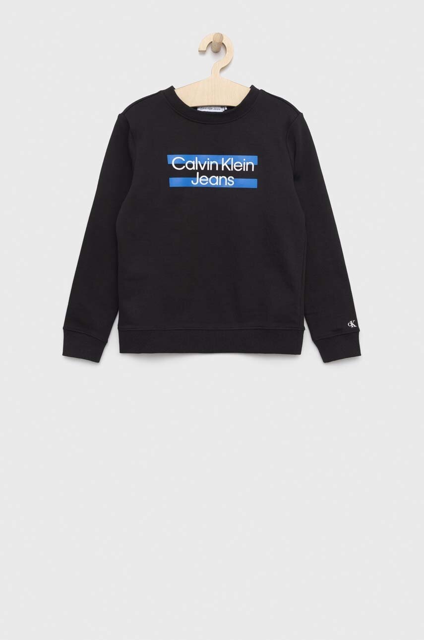 

Детски памучен суичър Calvin Klein Jeans в черно с принт, Черен