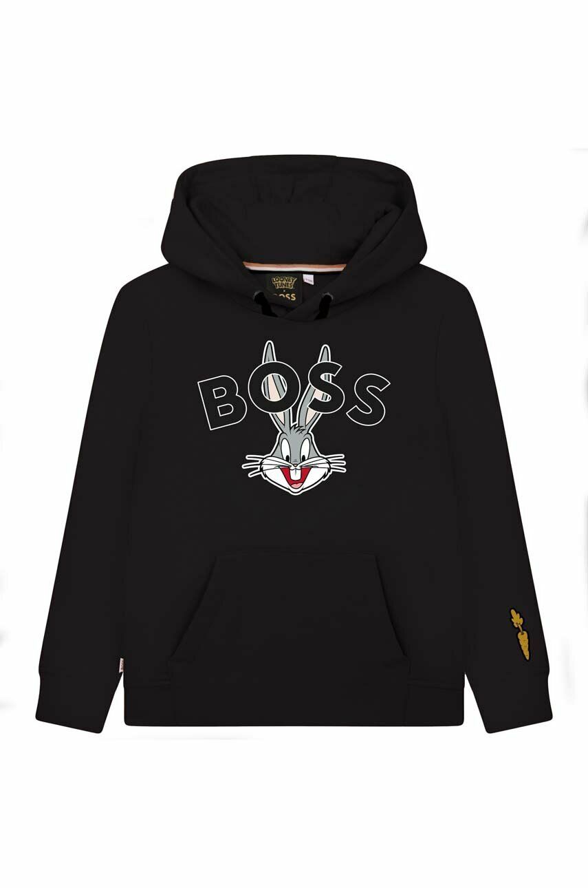 BOSS bluza copii culoarea negru, cu glugă, cu imprimeu