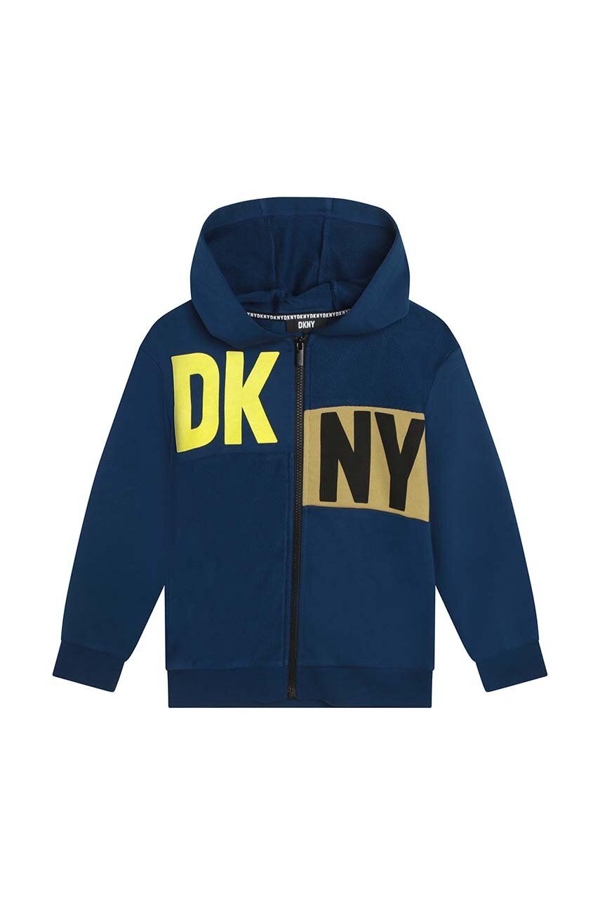 Dkny bluza copii culoarea albastru marin, cu glugă, cu imprimeu