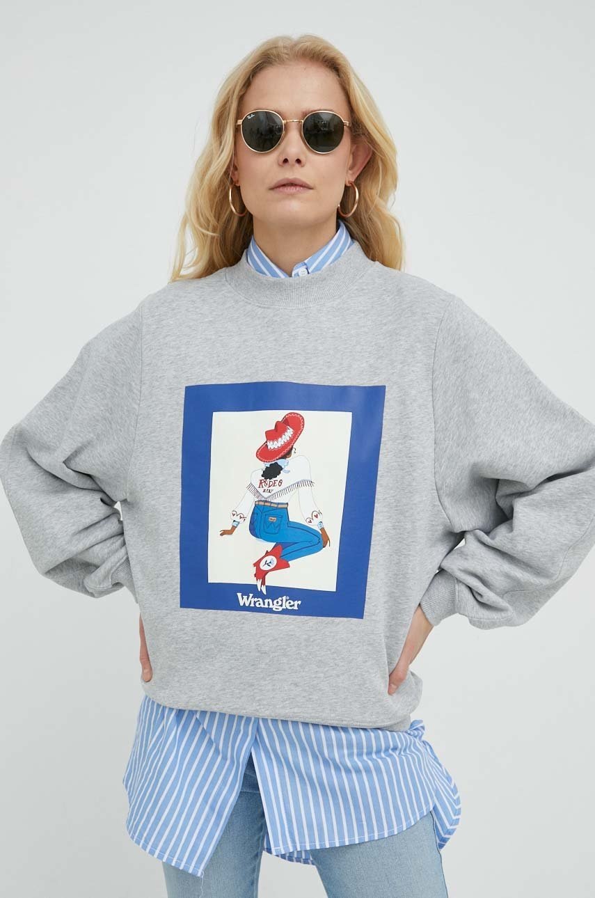 

Памучен суичър Wrangler в сиво с принт, Сив