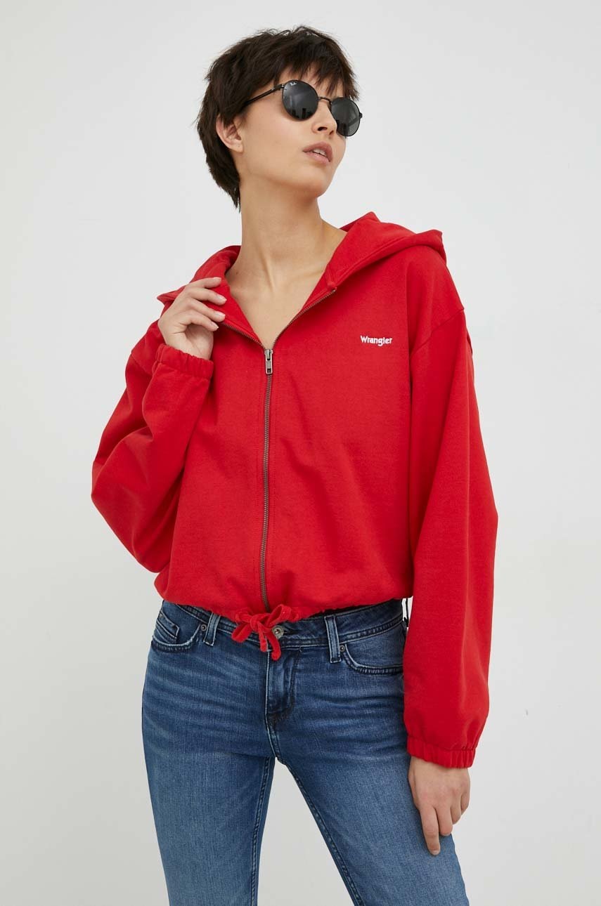 

Бавовняна кофта Wrangler жіноча колір червоний з капюшоном однотонна