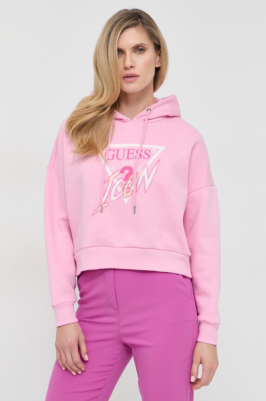 

Кофта Guess жіноча колір рожевий з капюшоном з аплікацією