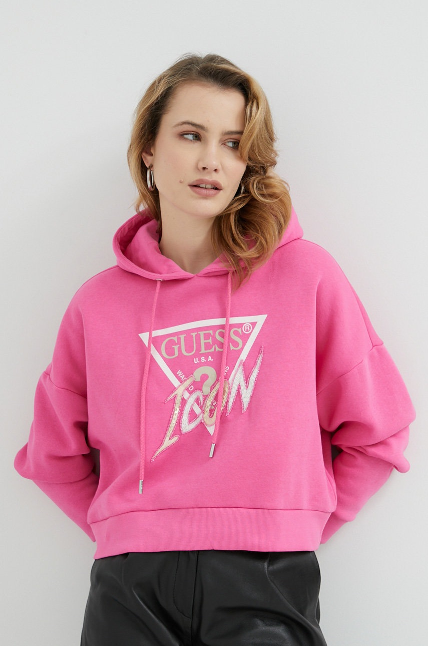 

Кофта Guess женская цвет розовый с капюшоном с аппликацией
