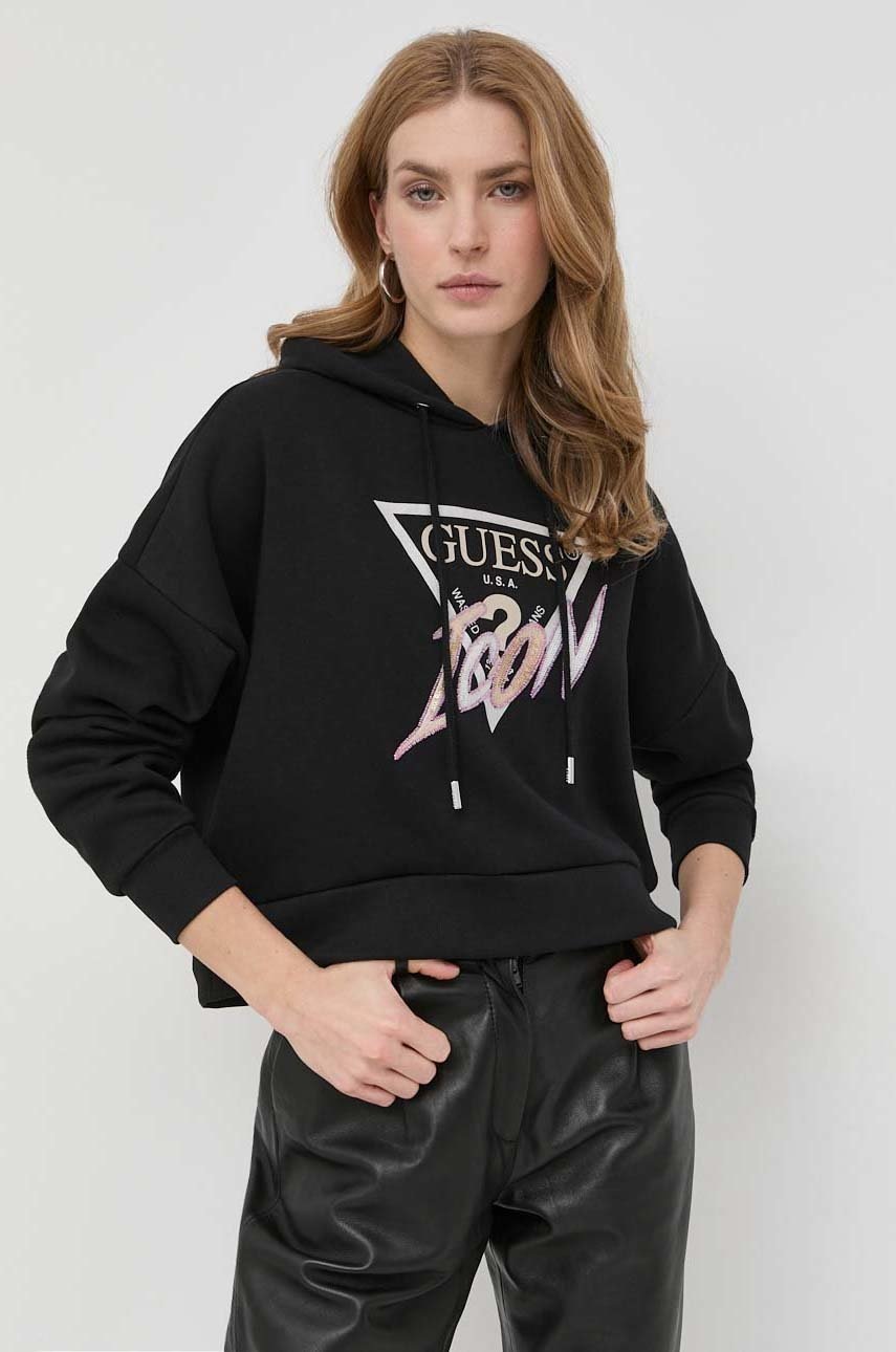 

Кофта Guess жіноча колір чорний з капюшоном з аплікацією