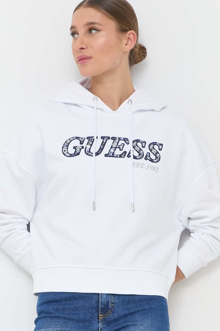 Levně Mikina Guess dámská, bílá barva, s kapucí, s aplikací