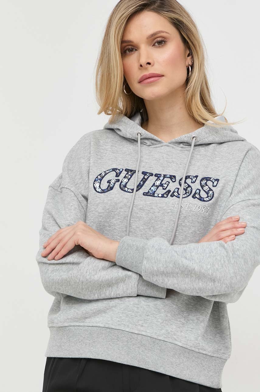 

Кофта Guess женская цвет серый с капюшоном с аппликацией