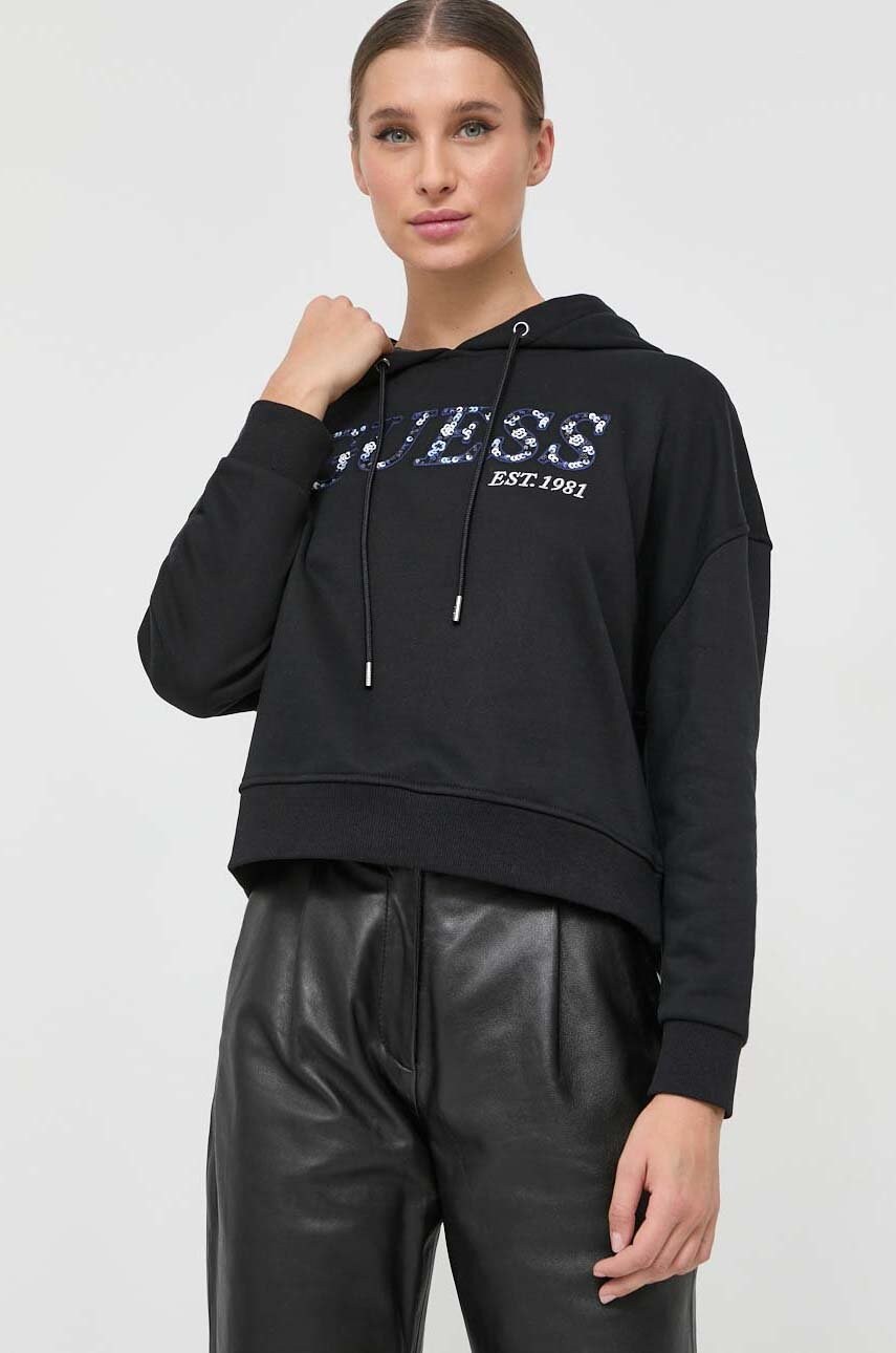 

Кофта Guess жіноча колір чорний з капюшоном з аплікацією