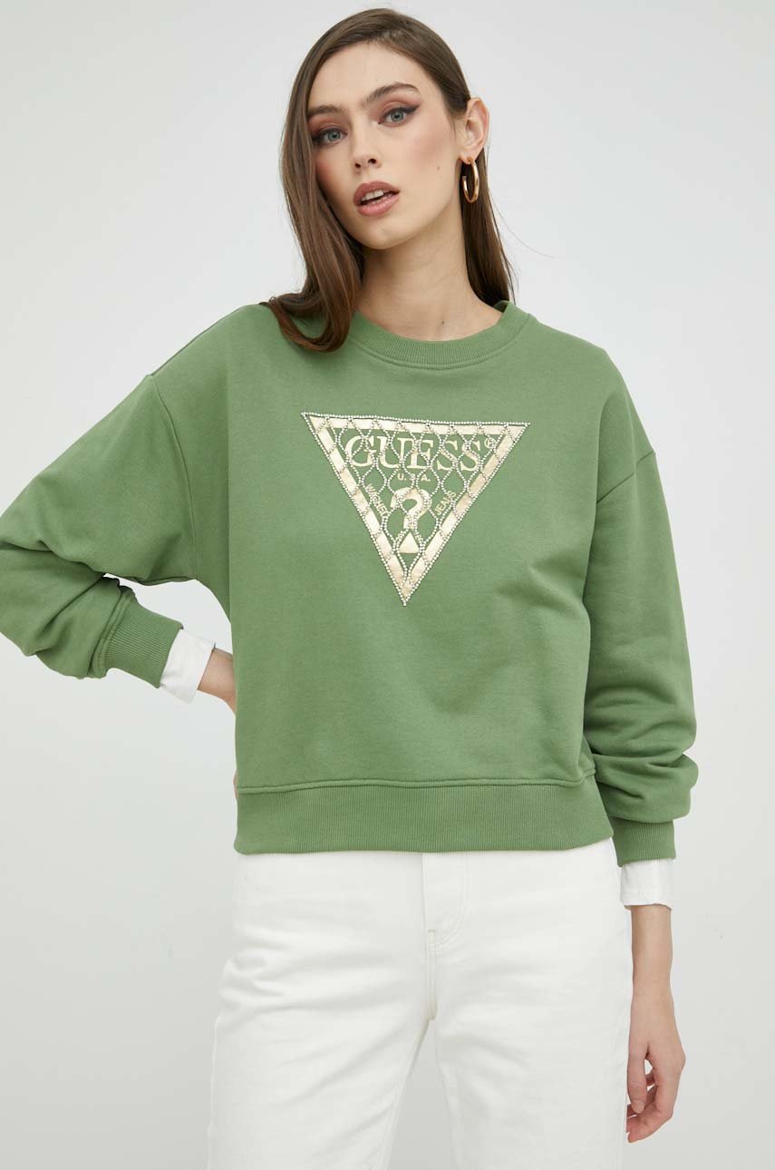 

Бавовняна кофта Guess жіноча колір зелений з аплікацією