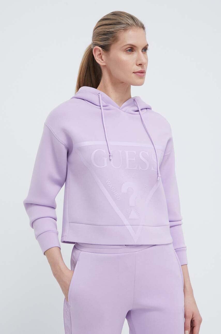 Levně Mikina Guess NEW ALISA dámská, fialová barva, s kapucí, potiskem, V2YQ08 K7UW2