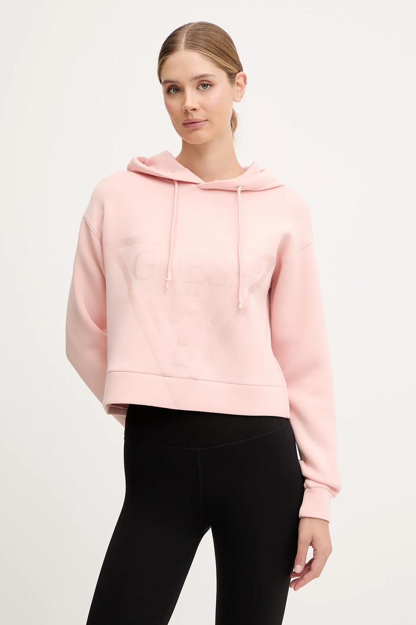 Levně Mikina Guess NEW ALISA dámská, růžová barva, s kapucí, s potiskem, V2YQ08 K7UW2
