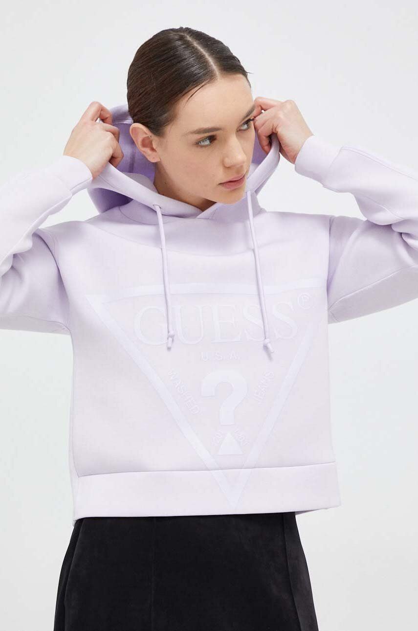 E-shop Mikina Guess NEW ALISA dámská, fialová barva, s kapucí, potiskem, V2YQ08 K7UW2