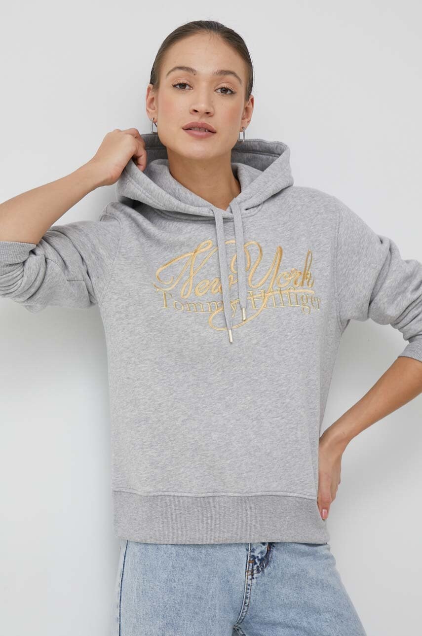 

Кофта Tommy Hilfiger женская цвет серый с капюшоном с аппликацией