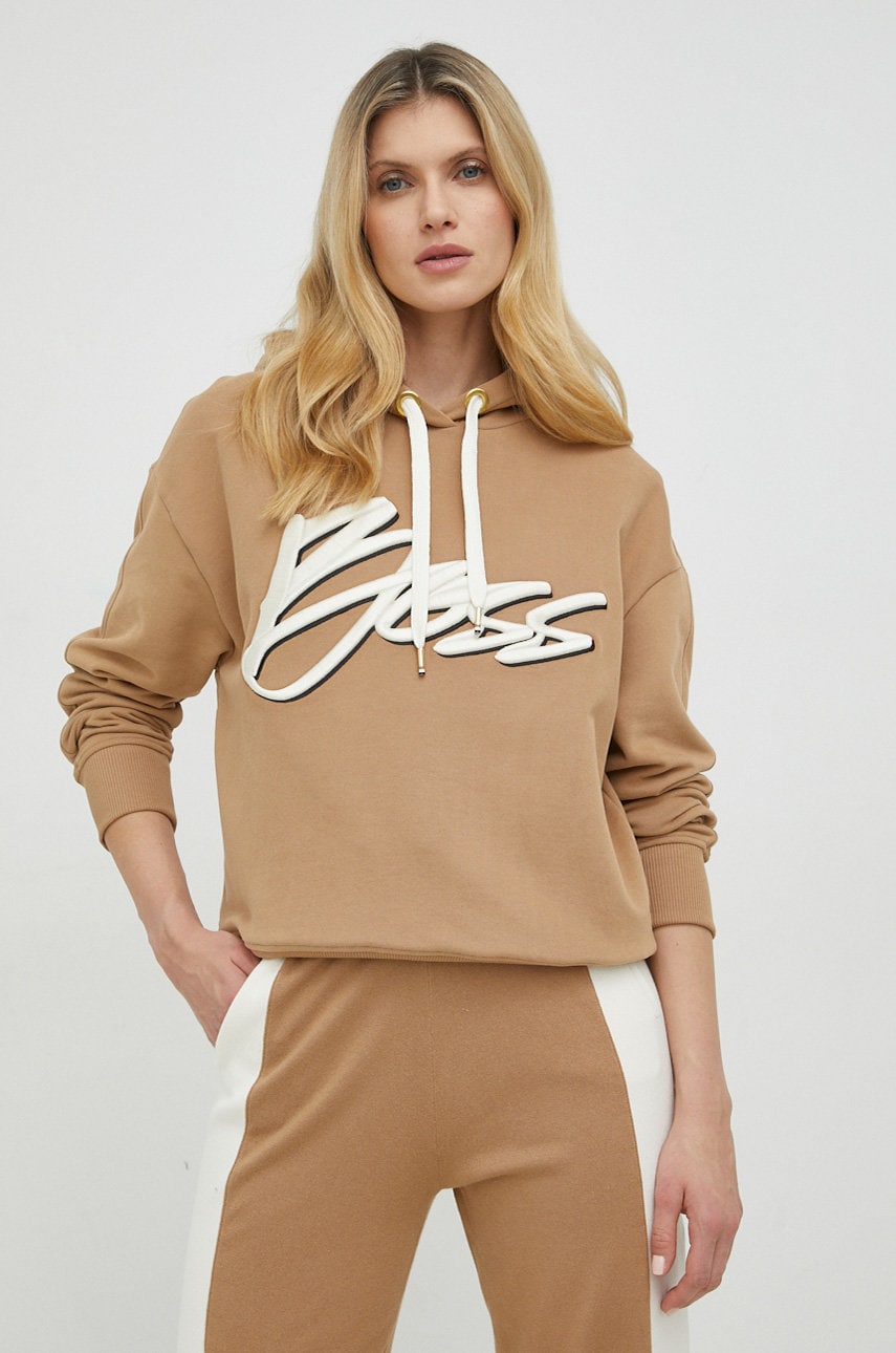 Boss bluza femei, culoarea bej, cu glugă, cu imprimeu
