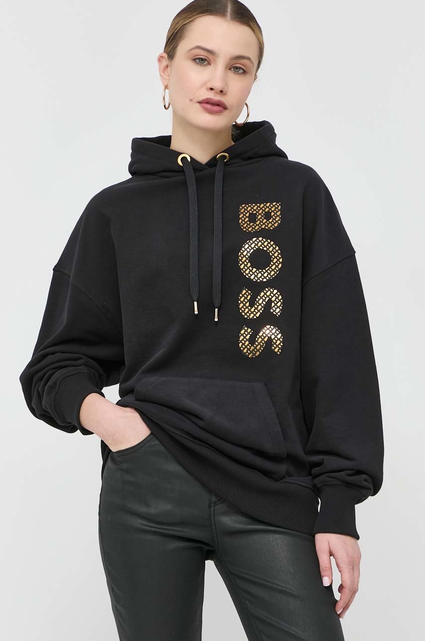 

Кофта BOSS жіноча колір чорний з капюшоном з аплікацією