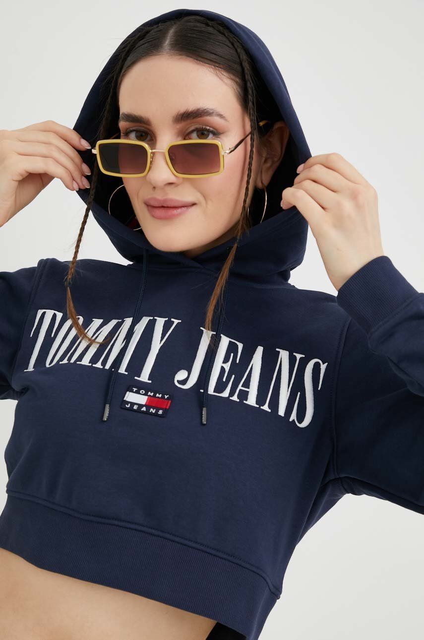 Levně Mikina Tommy Jeans dámská, tmavomodrá barva, s kapucí, s aplikací