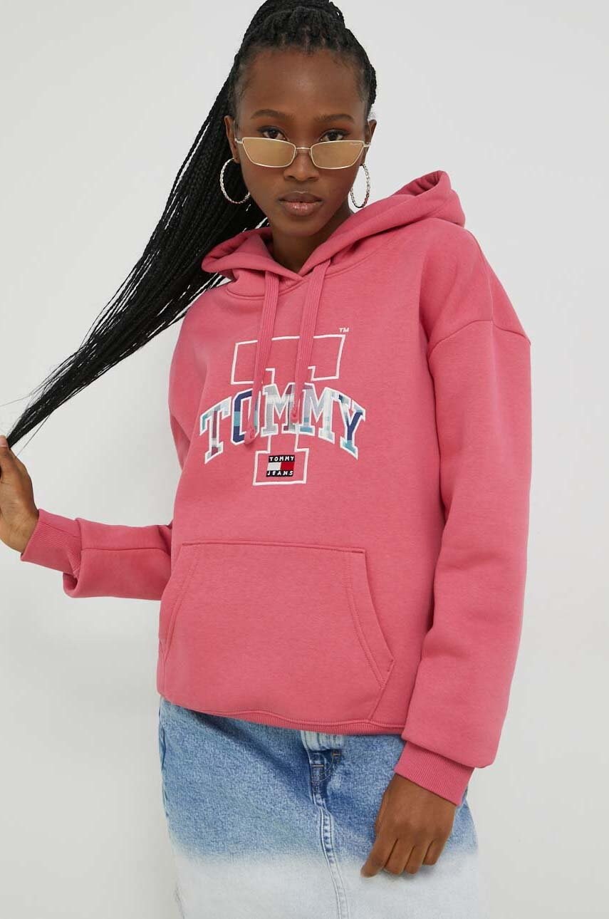 

Кофта Tommy Jeans жіноча колір рожевий з капюшоном з аплікацією