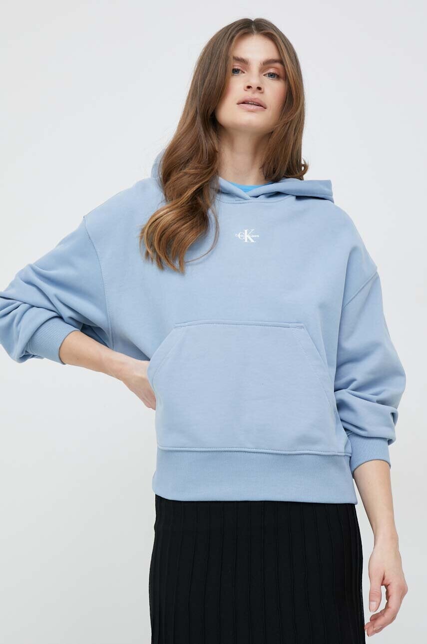 

Памучен суичър Calvin Klein Jeans в лилаво с качулка с принт, Син
