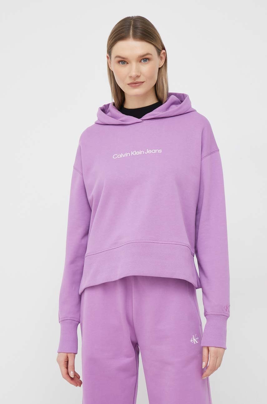 

Памучен суичър Calvin Klein Jeans в лилаво с качулка с изчистен дизайн, Виолетов