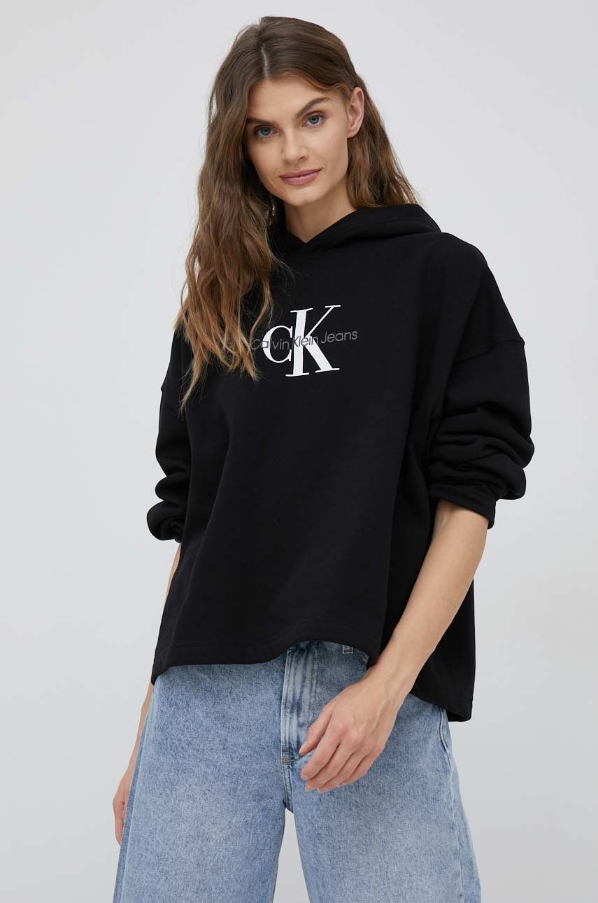 Mikina Calvin Klein Jeans dámská, černá barva, s kapucí, s potiskem - černá -  50% Bavlna