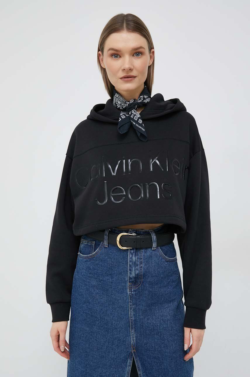 Mikina Calvin Klein Jeans dámská, černá barva, s kapucí, s aplikací - černá -  68 % Bavlna