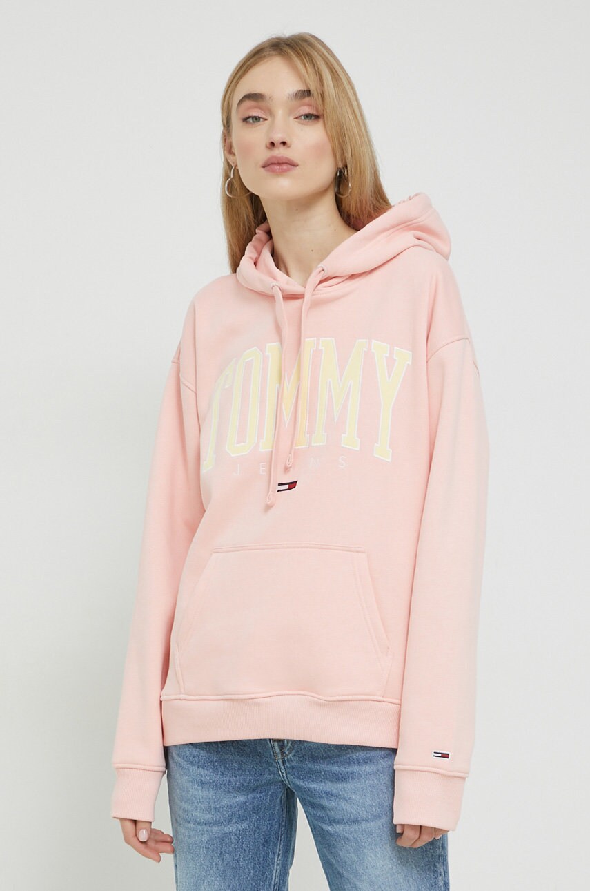 

Кофта Tommy Jeans женская цвет розовый с капюшоном с аппликацией