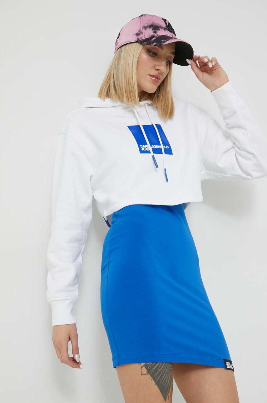 Karl lagerfeld jeans bluza femei, culoarea alb, cu glugă, cu imprimeu