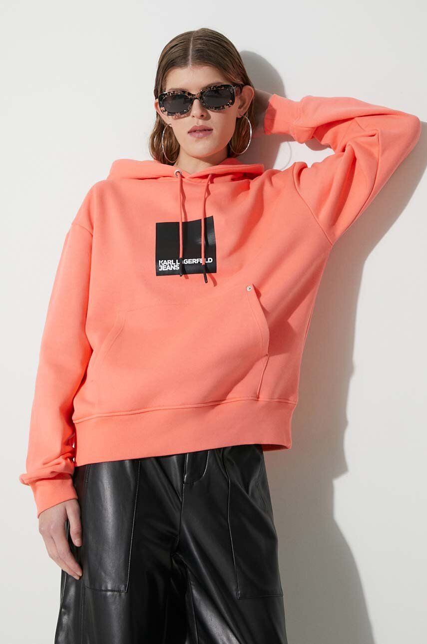 Mikina Karl Lagerfeld Jeans dámská, oranžová barva, s kapucí, s potiskem - oranžová - 90 % Organická