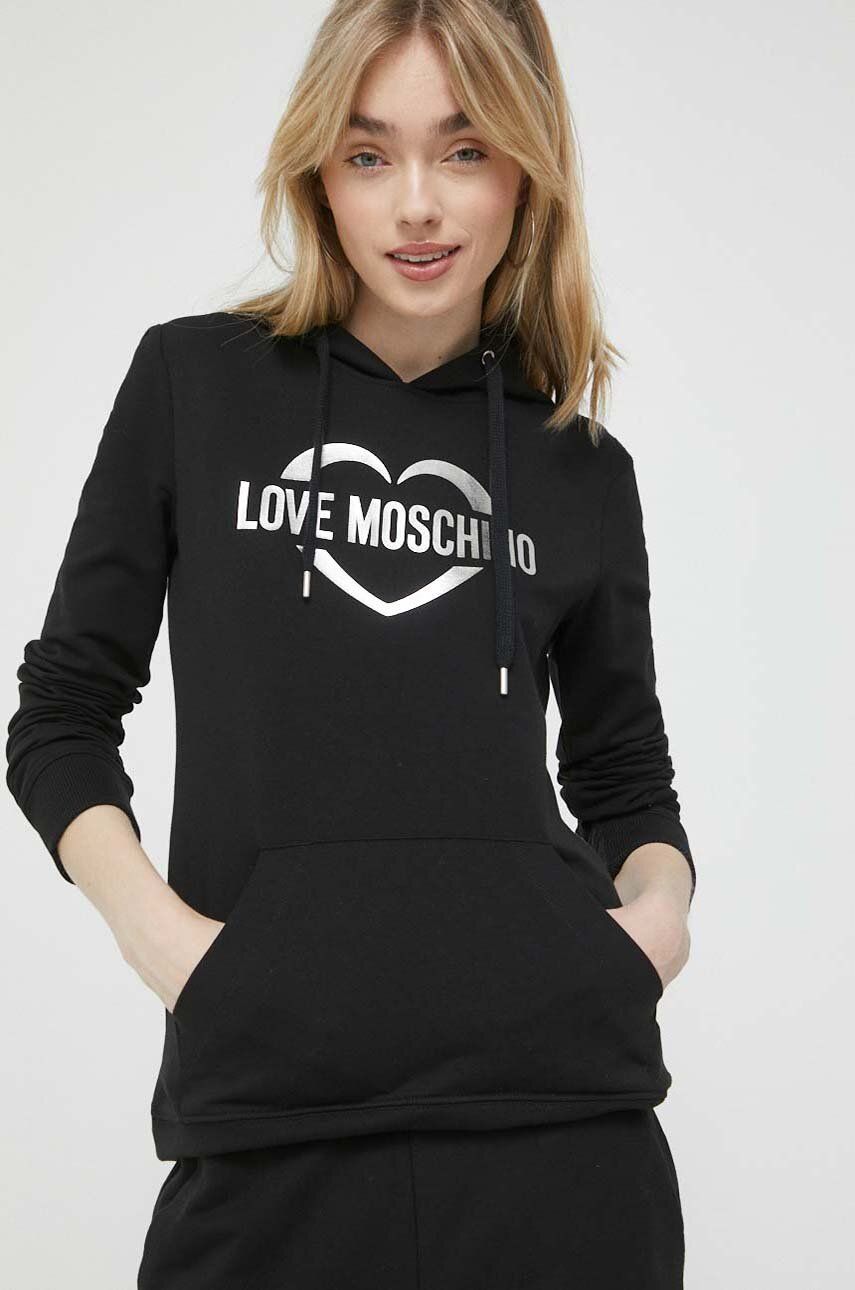 Mikina Love Moschino dámská, černá barva, s kapucí, s potiskem - černá -  95 % Bavlna