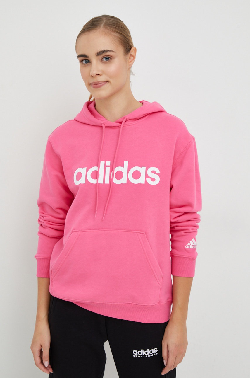 

Хлопковая кофта adidas женская цвет розовый с капюшоном с принтом