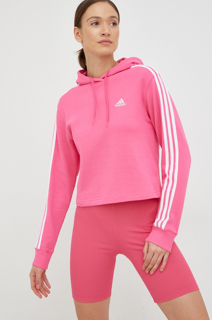 Bavlněná mikina adidas dámská, růžová barva, s kapucí, s aplikací - růžová -  Hlavní materiál: 