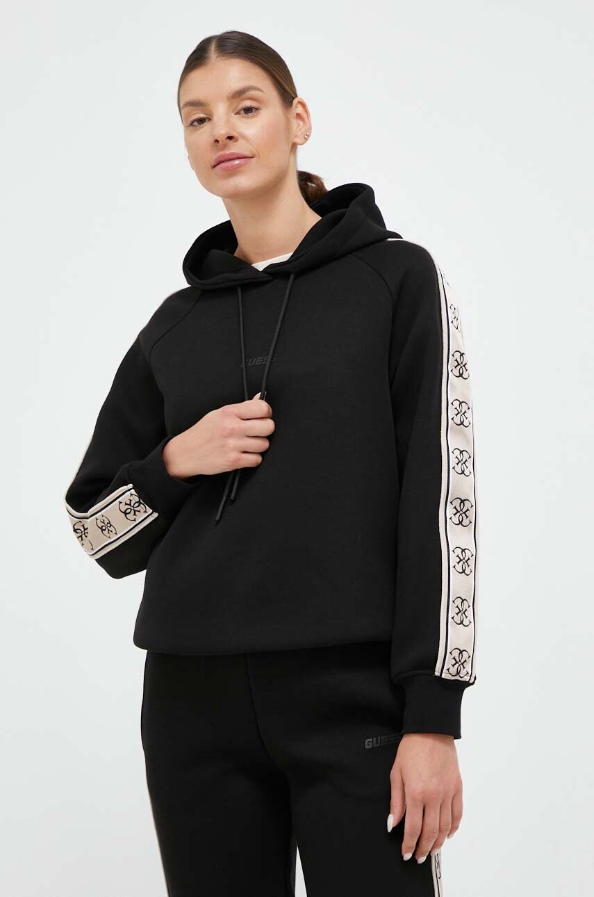 

Кофта Guess жіноча колір чорний з капюшоном з аплікацією