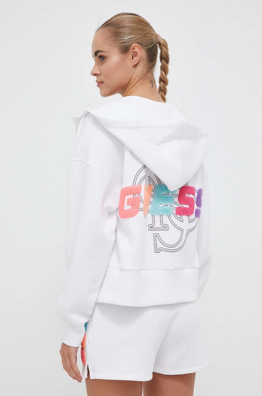 

Суичър Guess в бяло с качулка с апликация, Бял