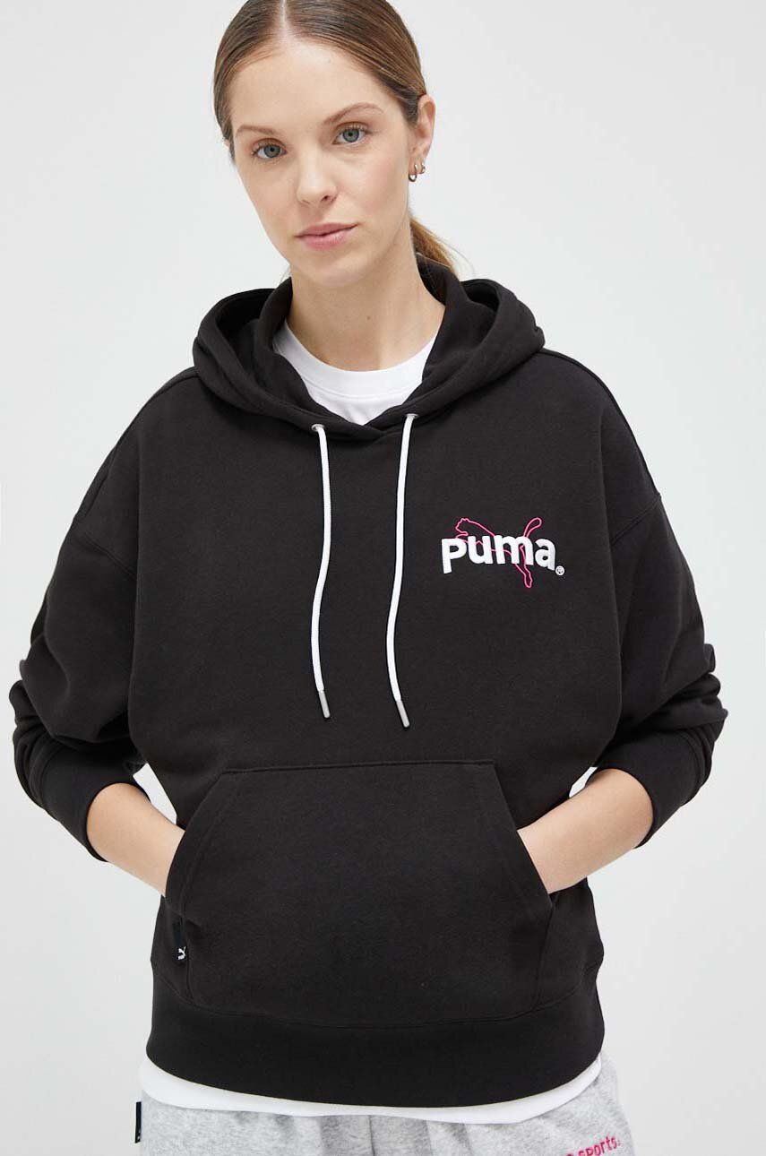 Puma bluza femei, culoarea negru, cu glugă, cu imprimeu