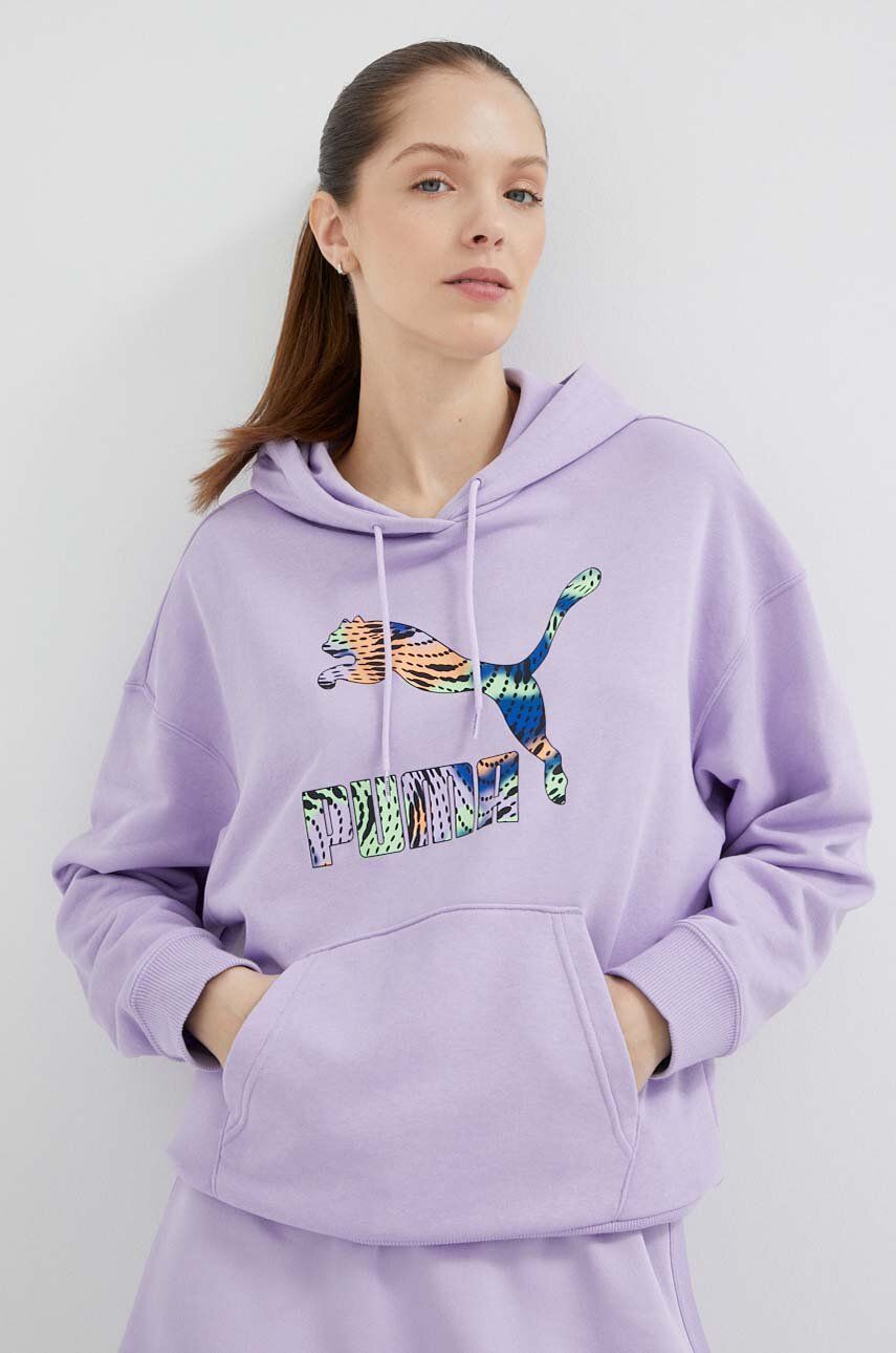 Mikina Puma dámská, fialová barva, s kapucí, s potiskem - fialová -  Hlavní materiál: 68 % Bavl