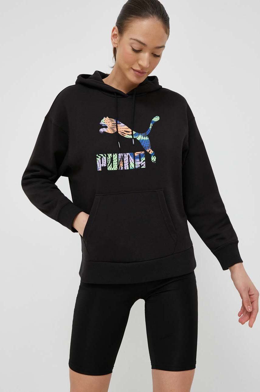 Puma bluza femei, culoarea negru, cu glugă, cu imprimeu