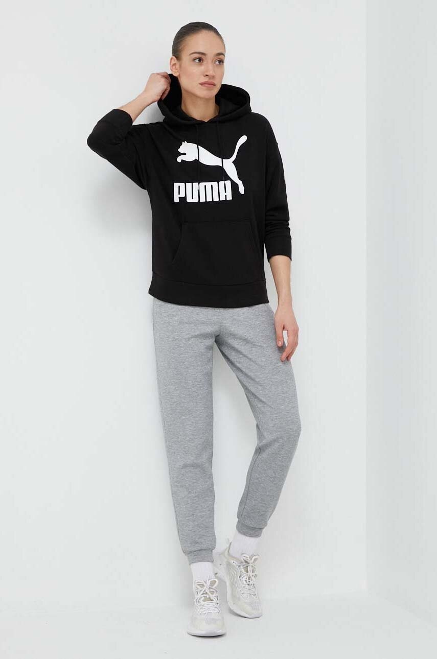 Puma bluză femei, culoarea negru, cu glugă, imprimeu 530074