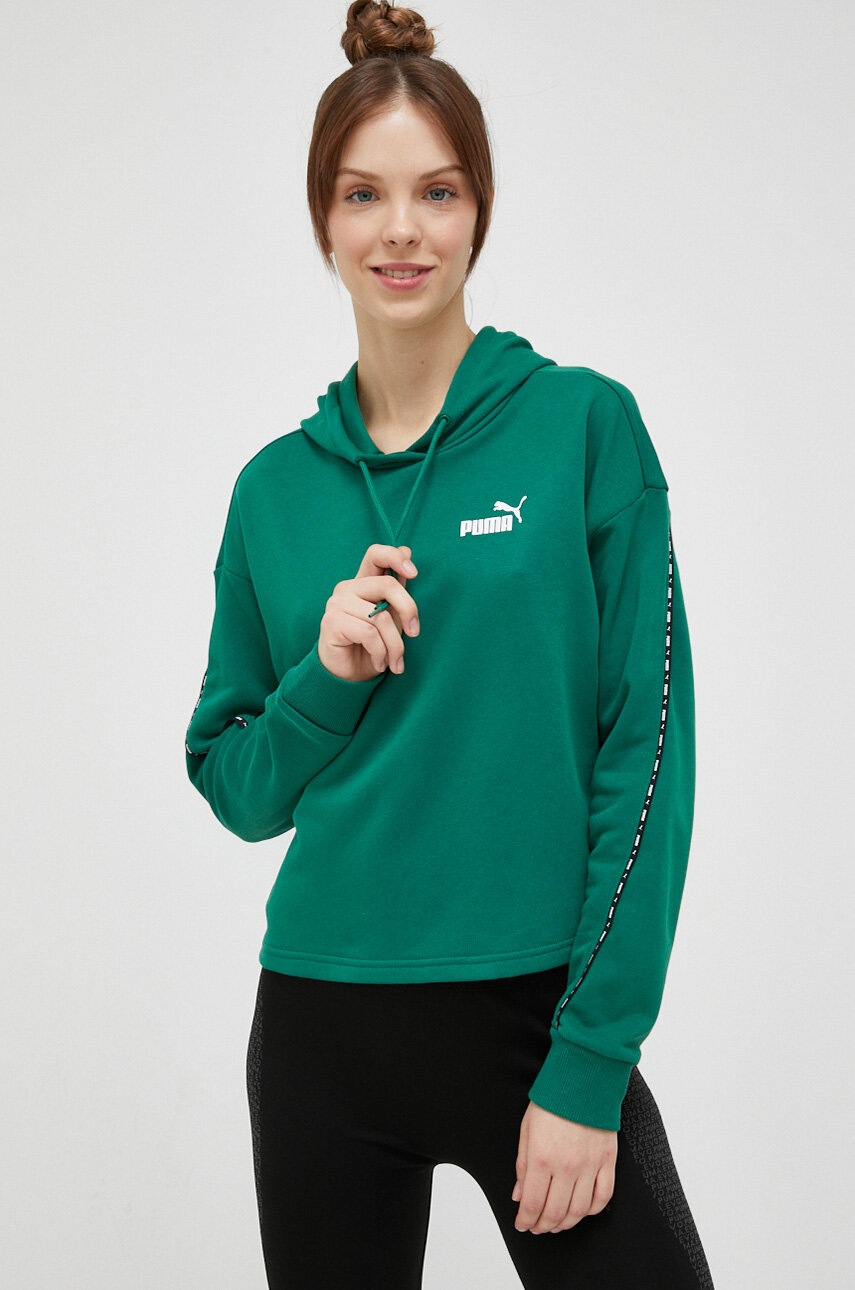 Puma Bluza Trening Culoarea Verde, Cu Gluga, Cu Imprimeu