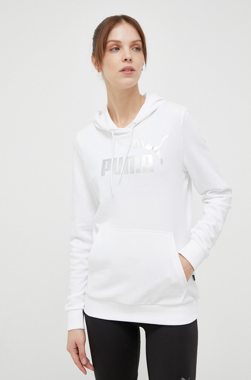 Puma Bluza Trening Culoarea Alb, Cu Gluga, Cu Imprimeu