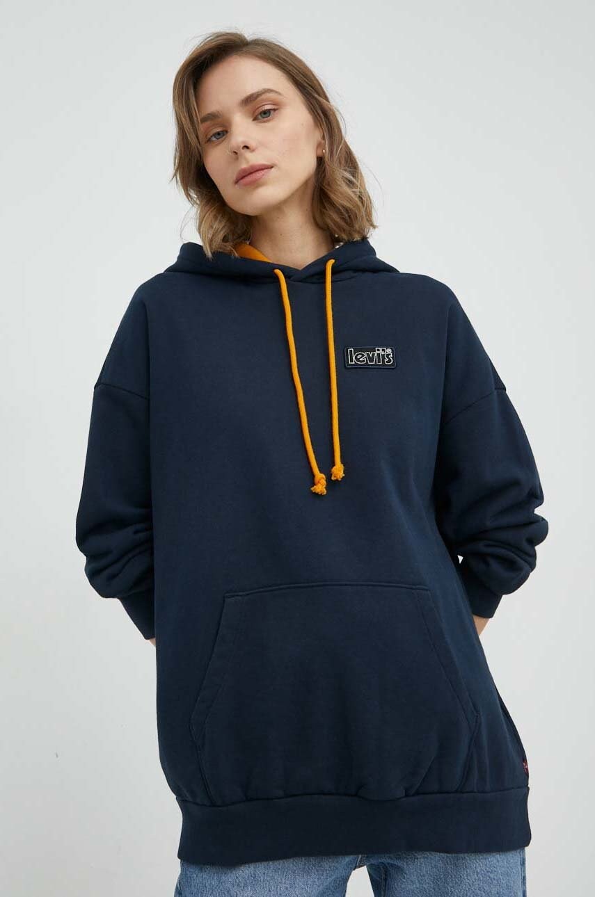 Levi's hanorac de bumbac femei, culoarea albastru marin, cu glugă, cu imprimeu