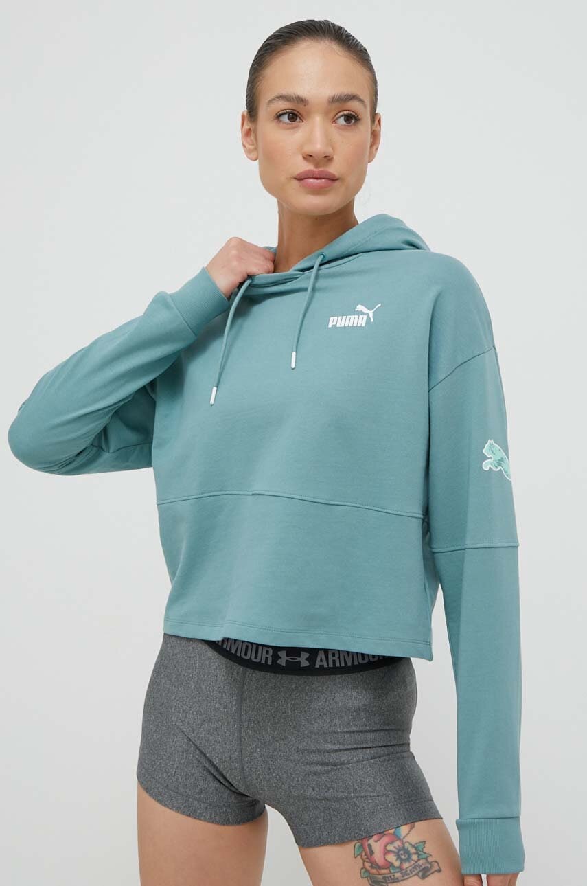 Puma Hanorac De Bumbac Femei, Culoarea Verde, Cu Gluga, Cu Imprimeu