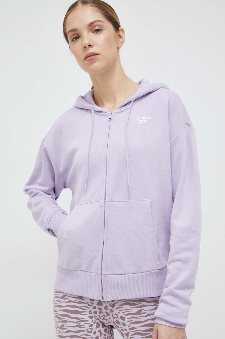 

Кофта Reebok женская цвет фиолетовый с капюшоном однотонная