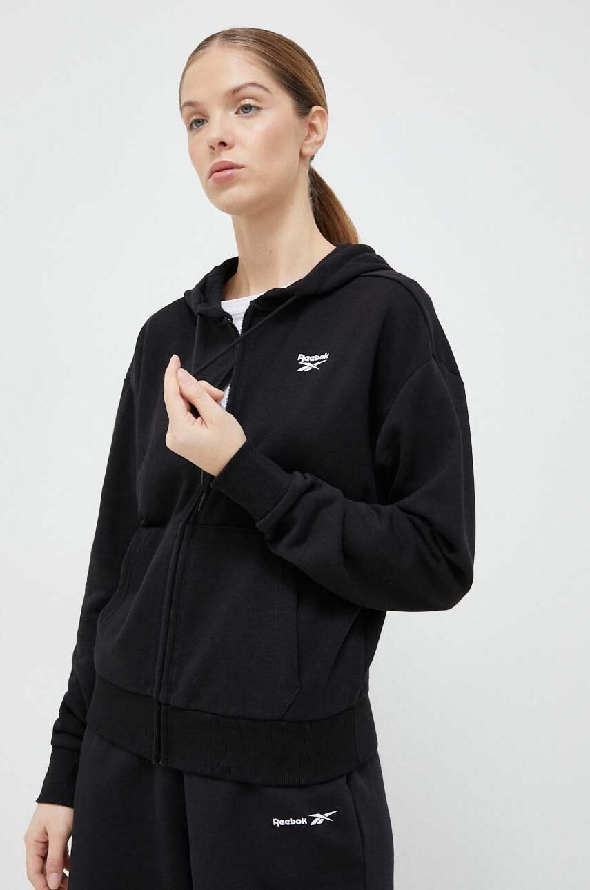 Reebok bluza femei, culoarea negru, cu glugă, neted
