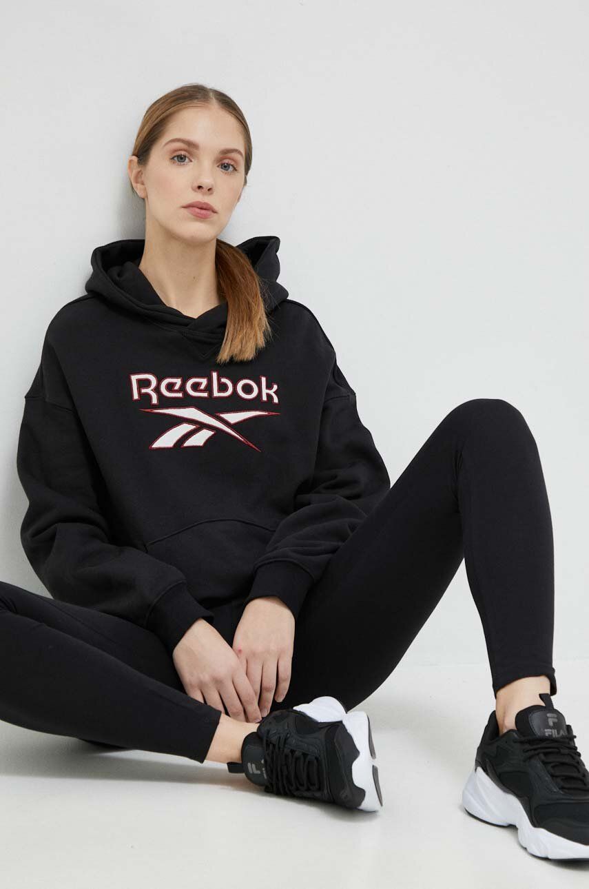 Mikina Reebok Classic dámská, černá barva, s kapucí, s potiskem, HS4718-BLACK
